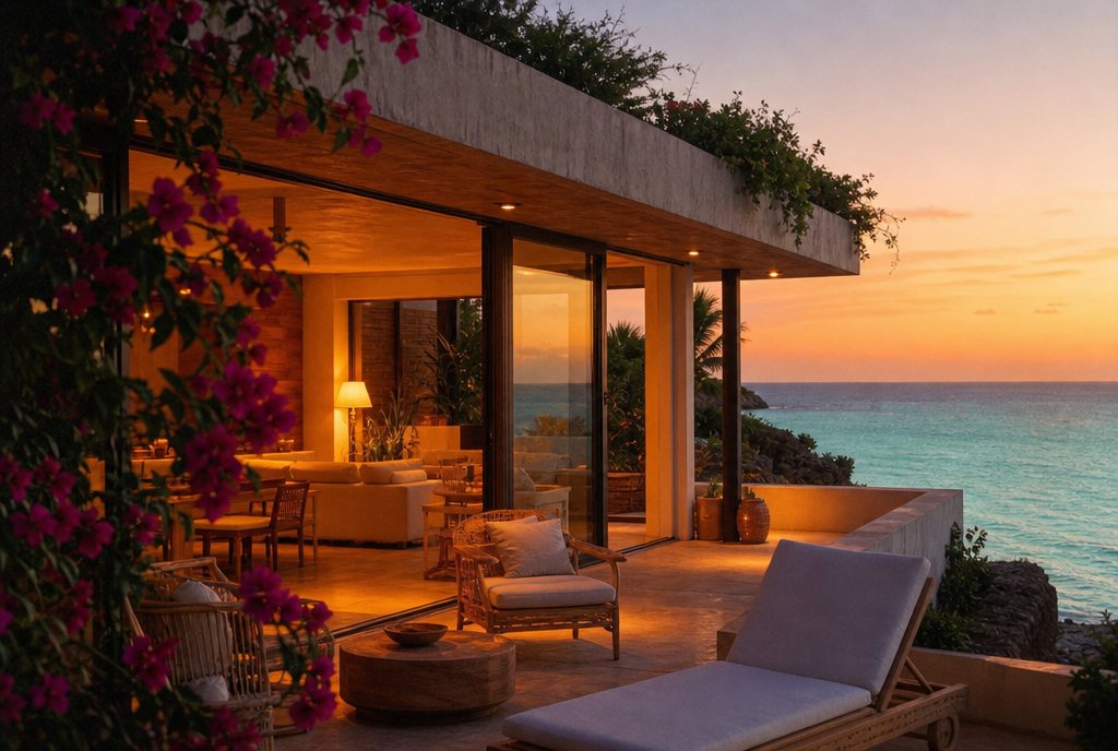 Terraza de un departamento vacacional frente al mar al atardecer, con la luz interior ya encendida