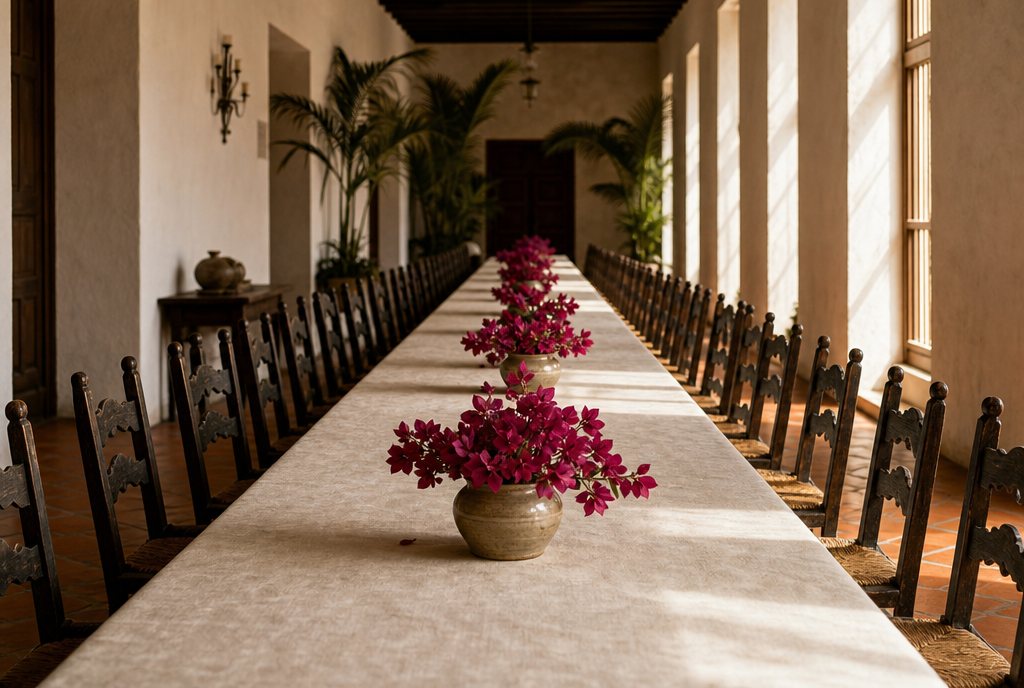 Mesa larga vestida con las sillas vacías bajo buganvilia