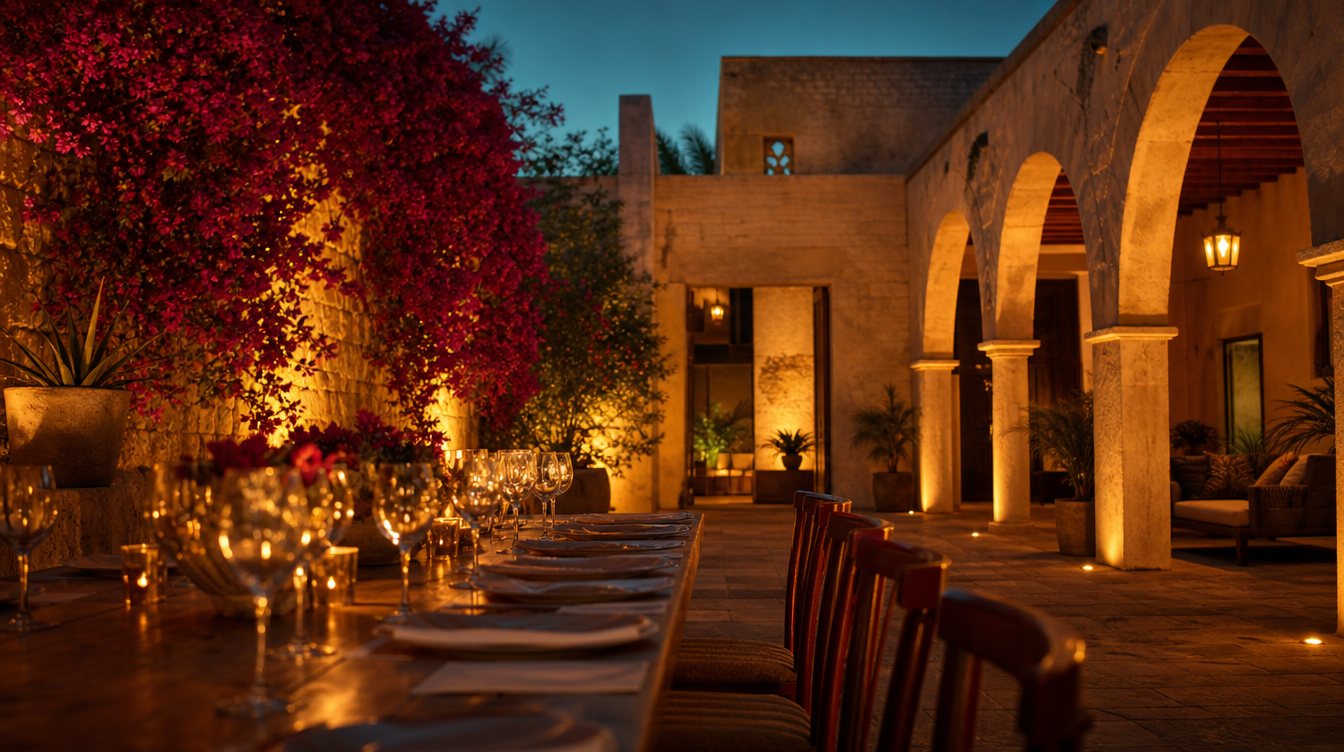 Patio de hacienda al anochecer con la mesa puesta y buganvilia