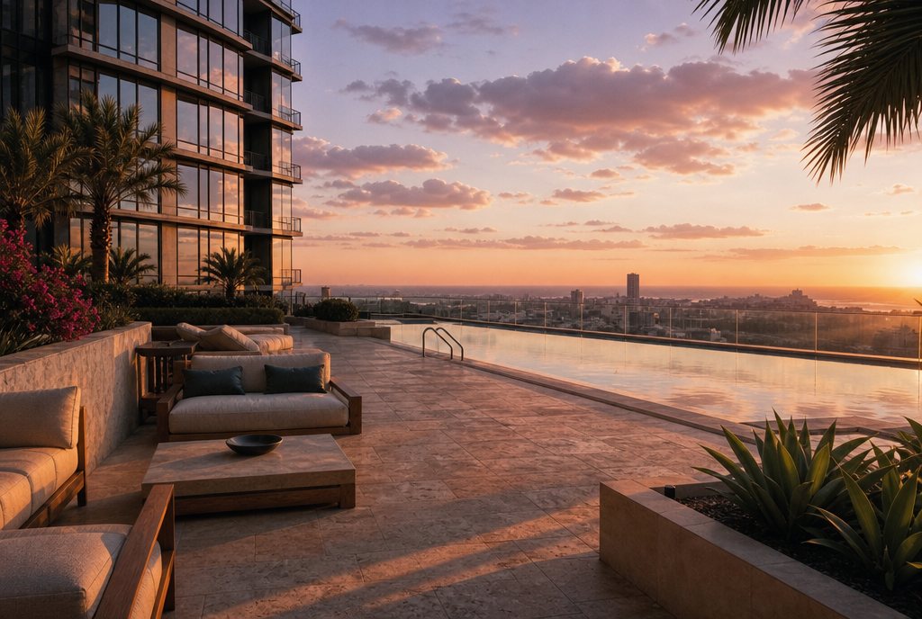 Terraza de amenidades de una torre residencial al atardecer
